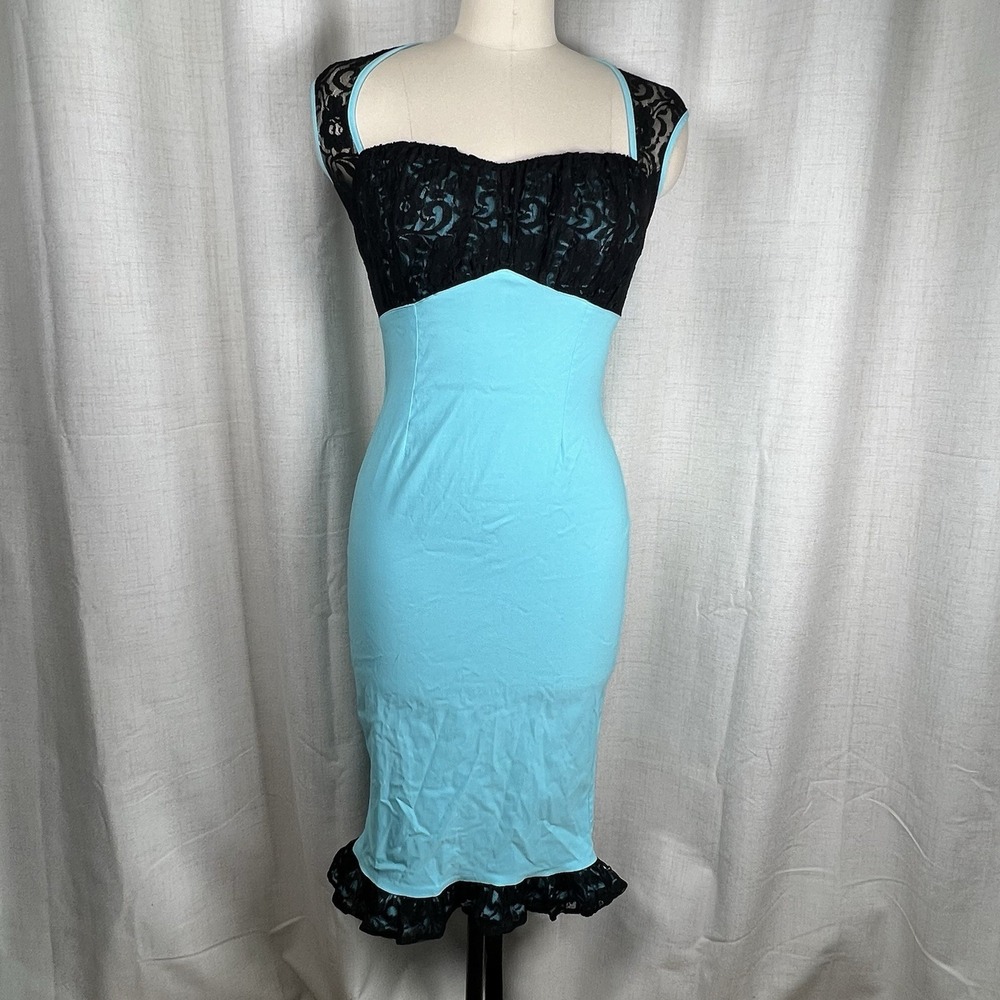 Pinup Couture Micheline Tiffany Blue Wiggle Dress Lace Neckline Fitted Medium